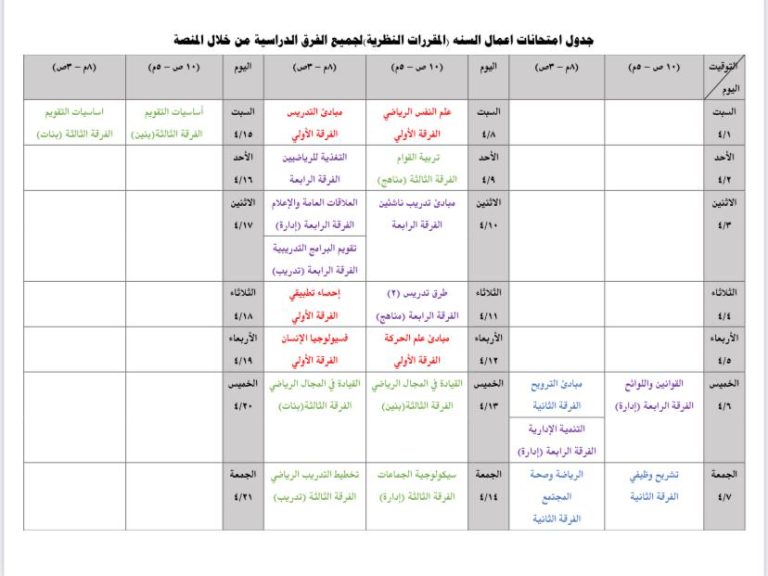 جدول إختبارات اعمال السنة للمقررات النظرية (جميع الفرق الدراسية) على منصة “زاد” الإلكترونية