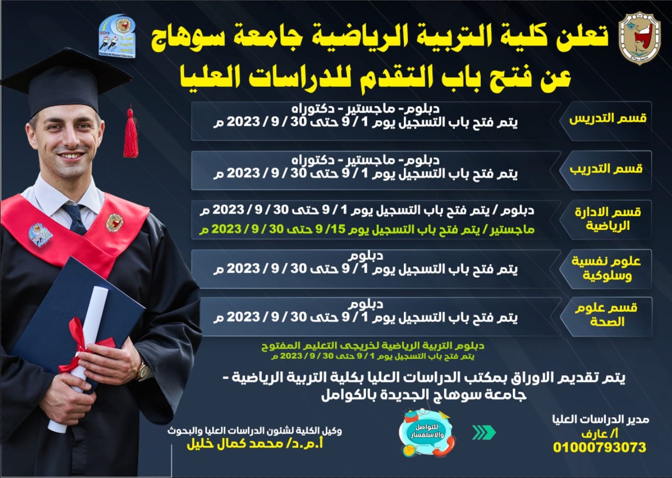 فتح باب التقدم للدراسات العُليا (دبلوم – ماجستير – دكتوراه) بأقسام كلا من التدريس – التدريب – الإدارة الرياضية – علوم نفسية وسلوكية – علوم الصحة – العام الجامعى الجديد 2023-2024م