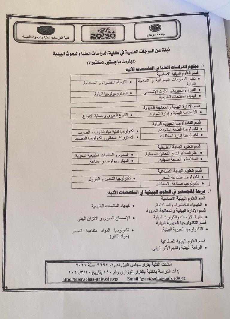 فتح باب التقدم لبرامج الدراسات العليا (دبلوم-ماجستير-دكتوراه) بكلية الدراسات العلياوالبحوث البيئية – جامعة سوهاج