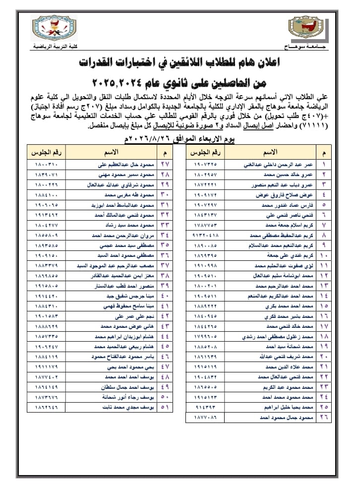 إعلان هام للطلاب اللائقين فى إختبارات قدرات القبول بكلية علوم الرياضة من الحاصلين على الثانوى العام عامى 2024م  و 2025م